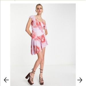 ASOS DESIGN ruffle mini dress with asymmetric hem in lilac and red floral